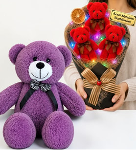 Kişiye Özel Renkli LED Işıklı Peluş Ayıcık Buketi ve 50 cm Büyük Boy Mor Peluş Ayıcık Seti