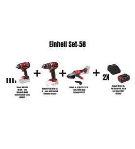 Einhell Set-58(18/450 Som Sıkma+18/50 Darb Vid+18/125 Akülü Taşlama+2x18V 4,0 Ah Akü Şarj Cihazı)