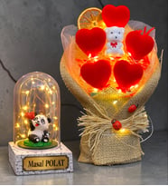Size Özel Hediye Işıklı Kırmızı Kalp Buketi ve Led Işıklı Pandalı Fanus