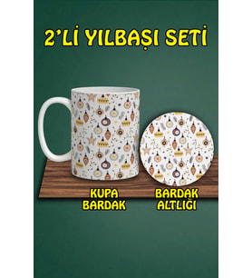 Yılbaşı Temalı Kupa ve Bardak Altlığı Seti
