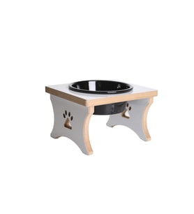 Ahşap - Beyaz MDF - Köpek Su ve Mama Kabı - Beyaz MDF - Tekli Model - Büyük Irk - Sabit Ayak - Siyah Seramik Kase - 1000ml