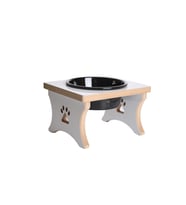 Ahşap - Beyaz MDF - Köpek Su ve Mama Kabı - Beyaz MDF - Tekli Model - Büyük Irk - Sabit Ayak - Siyah Seramik Kase - 1000ml