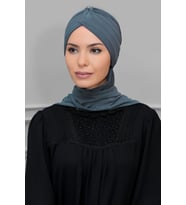 Gri Pratik Hazır Geçmeli Tesettür Bone Sandy Kumaş Taçlı Büzgülü Şifon Atkılı 1208A_15
