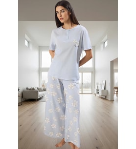 Kadın Çiçekli %100 Pamuklu Rahat Pijama Takımı Özel Tasarım Profesyonel Görünüm Özenle Seçilmiş (Mavi)