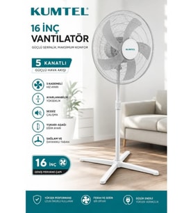 Kumtel KTF-355 Beyaz 16 Inç Ayaklı Vantilatör 50 W, 5 Pervaneli, 3 Kademeli, 121 cm Yüksekli