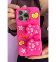 Caş Dekorasyon Pembe Renk Pati Figürlü 14 Pro Max Telefon Kılıfı