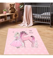 Prenses Unicorn Desenli Renkli Dijital Baskı Yıkanabilir Kaymaz Taban Bebek ve Çocuk Odası Halısı (Pembe)