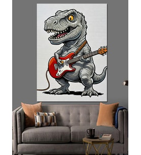 Dinozor Gitar Çalan Müzisyen Dekoratif Kanvas - Mdf Ahşap Tablo