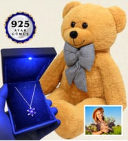 Size Özel Fotoğraflı Set Işıklı Kutusunda 925 Ayar Gümüş Kolye ve 80cm Kahve Ayıcık (Model 1)