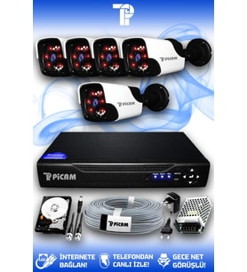 PICAM 5 Kameralı Panda 5 Dış Kamera Set 100 GB HDD Full HD Gece Görüşlü Güvenlik Kamerası Sistemi