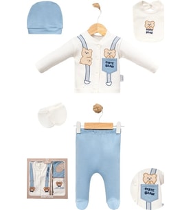 Premium Yenidoğan 5’li Zıbın Takım Cute Bear Nakışlı Pamuklu Hediyelik (Mavi)