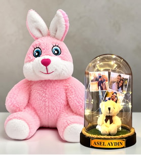 Kişiye Özel 3 Fotoğraflı LED Işıklı Fanus ve Pembe Peluş Tavşan Hediye Seti (peluş ayıcıklı)