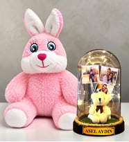 Kişiye Özel 3 Fotoğraflı LED Işıklı Fanus ve Pembe Peluş Tavşan Hediye Seti (peluş ayıcıklı)