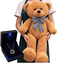 Büyük Boy 80 cm Kahve Peluş Ayıcık ve 925 Ayar Gümüş Zirkon Taşlı Kelebek Yuvası Kadın Kolye Hediye Seti
