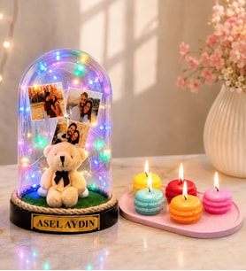 Kişiye Özel Yazılı 3 Fotoğraflı Renkli LED Işıklı Fanus (peluş ayıcıklı) ve 5'li Kokulu Makaron Mum Seti