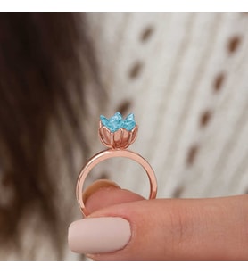 ?Gümüş Rose Mavi Lotus Çiçeği Yüzük