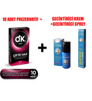 Okey Çifte Haz 10'lu Prezervatif (Kondom) + penis kaldırıcı PENİS GECİKTİRİCİ SPREY45 ML + GECİKTİRİCİ KREM 15 ML