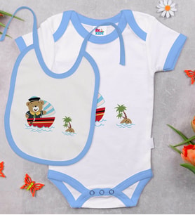 BK Kids Sevimli Kaptan Tasarımlı Mavi Bebek Body Zıbın ve Mama Önlüğü Hediye Seti-2