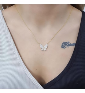 Kelebek Zirkon Taşlı Gold Kaplama 925 Ayar Gümüş Kolye