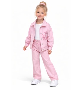 Kız Çocuk Gabardin 3 Parça Pembe Ceketli Takım – Nakış Detaylı Ceket, Basic Body ve Pantolon Set 9920