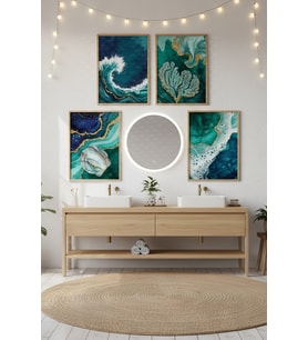 Okyanus Dalgası 4’lü Ahşap Çerçeveli Tablo Seti - Modern Banyo Dekoru
