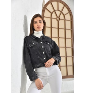 Kadın Antrasit Cep Detaylı Denim Ceket