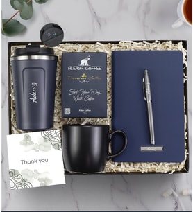 Kişiye Özel Dereceli 380 Ml Lacivert Kaydırmaz Termos & Mavi Defter & Gümüş Renk Roller Kalem & Alerya Premium Filtre Kahve & Siyah Kupa Hediye Seti