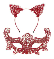 Romantik Kırmızı Dantel Maske Seti – Kedi Kulaklı Taç ve Maske 3 No