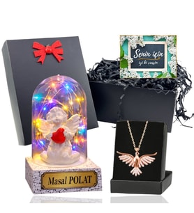 Renkli Led Işıklı Fanus ve Zümrüdü Anka Kuşu Kolye Seti (Model 8)