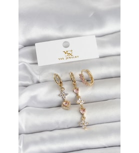 Pirinç Gold Renk Pembe Zirkon Taşlı 3'lü Kadın Küpe - TJ-BKP11707