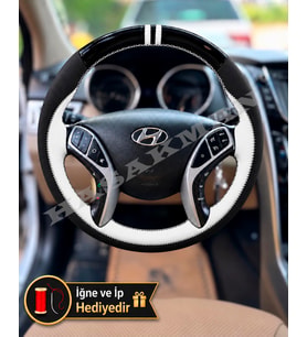 Hyundai i30 Dikme Direksiyon Kılıfı Parlak Siyah Beyaz Detaylı Beyaz Çift Yüzük ve Dikiş 2012-2017
