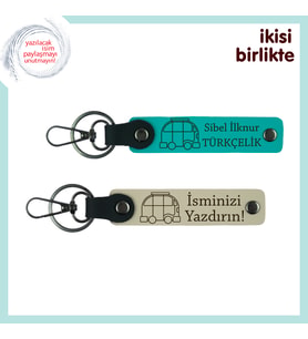 İki Kampçının Ortak Anısına, Karavan Motifli Deri Anahtarlık Seti, Koyu Turkuaz-Sütlü Kahve