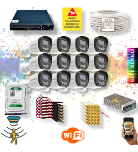 QROMAX 12 Kameralı Set - Gece Renkli Gösteren Hareket Algılayan 5MP SONY Lensli 4 Ultra Warm Ledli FULLHD Güvenlik Kamerası Seti 2304W-9016