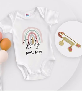 BK Kids Kişiye Özel Baby Tasarımlı Beyaz Bebek Body Zıbın ve Kız Bebek İğnesi Hediye Seti-1