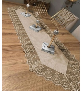 Kadife Dantel Detaylı Runner (140x40cm) Kahve