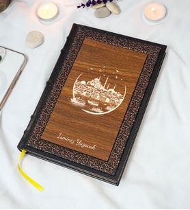 İstanbul Desenli Termo Deri + Ahşap Anı Defteri - Çizgili Defter - Hediyelik (17x24 cm- 320 Sayfa)