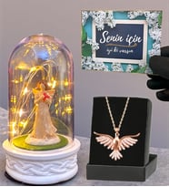 Zümrüdü Anka Kuşu Kolye ve Led Işıklı Fanus Hediye Seti (Model 5)