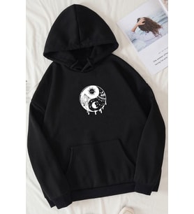 Unisex Ying-yang Baskılı Sweatshirt (Siyah)
