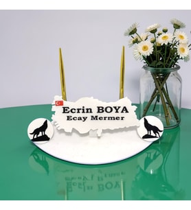 Doğal Beyaz Mermer İsimlik Sümen Ofis Haritalı Gold Çift Kalem-Çift Kurt Figürlü