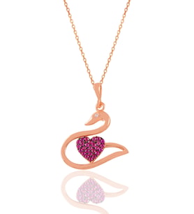 Gümüş rose fuşya taşlı kalpli kuğu kolye SGTL12590ROSE