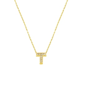 Taşlı T Harfli Minimal Harf Kolye Altın