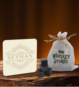 BK Gift Kişiye Özel Ahşap Bardak Altlığı ve 6’lı Granit Viski Taşı Hediye Seti - Model 6