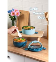 Porsima 66732 Stainless Steel Vakumlu Lunch Box İki Katlı Paslanmaz Çelik Kolay Kilitlenir Kendinden Kaşıklı Sefer Tası – 1000ml Mavi