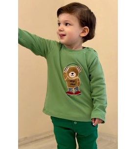 Breeze Erkek Bebek Uzun Kollu Tişört Hip Hop Ayıcık Nakışlı 9 Ay-3 Yaş, Mint Yeşili