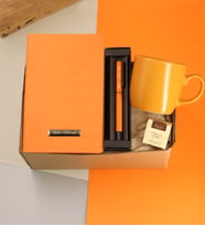 Kişiye Özel Termo Deri Turuncu Defter & Kişiye Özel Turuncu Metal Roller Kalem & Kupa Bardak & Teashop Hediye Seti
