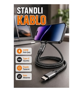 240W Örgülü Type-C Şarj ve Data Kablosu – Telefon Standlı Tasarım