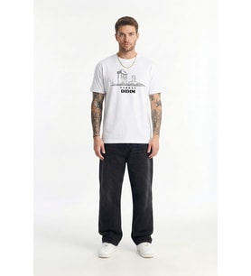 Erkek Bisiklet Yaka %100 Pamuk Didim Baskılı Kısa Kollu T-shirt (Beyaz)