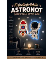 Kişiye Özel Astronot Çocuk Odası Duvar Süsü LED Işıklı 2’li Uzay Seti