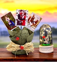 Size Özel 3 Fotoğraflı YEŞİL Saksı ve Led Işıklı Pandalı Fanus Seti
