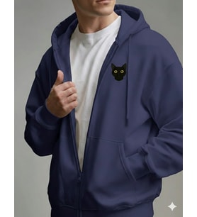 Erkek Siyah Kedi Baskılı Oversize Fermuarlı Hoodie (Lacivert)